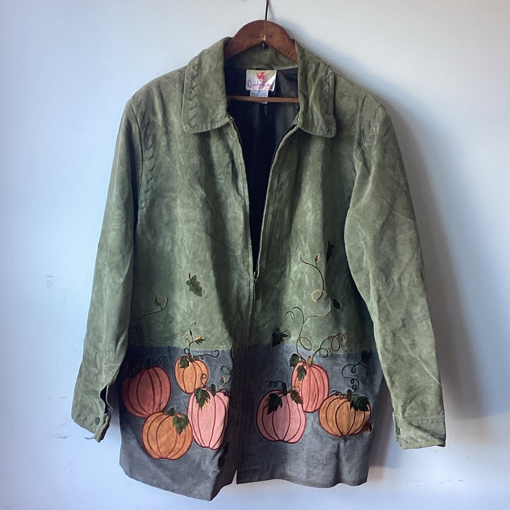 Quacker Factory 1X Green Leather Pumpkin Jacket - Heavy & Festive!